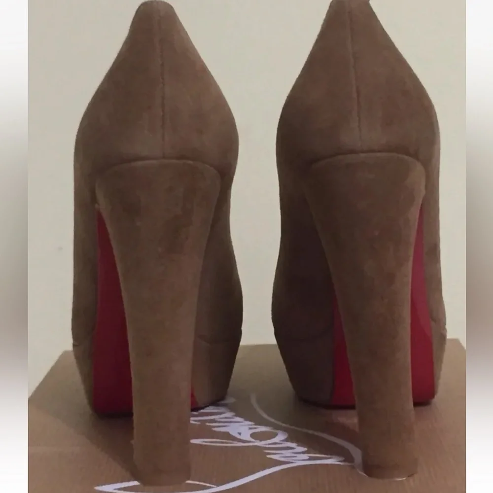 CHRISTIAN LOUBOUTIN BIBI camel beige suede platform red sole pumps heels 34.5 - Picture 4 of 9